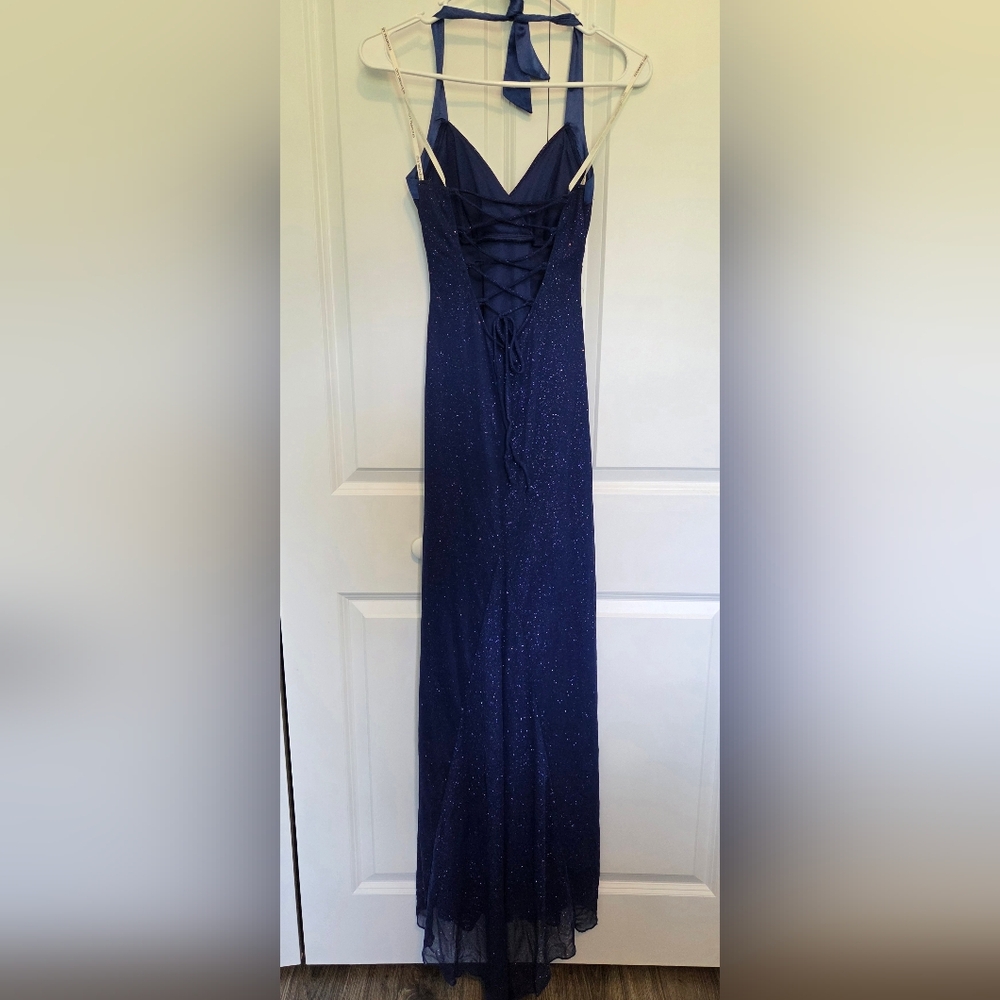 City Triangles Navy Sparkle Halter Gown - Picture 2 of 4
